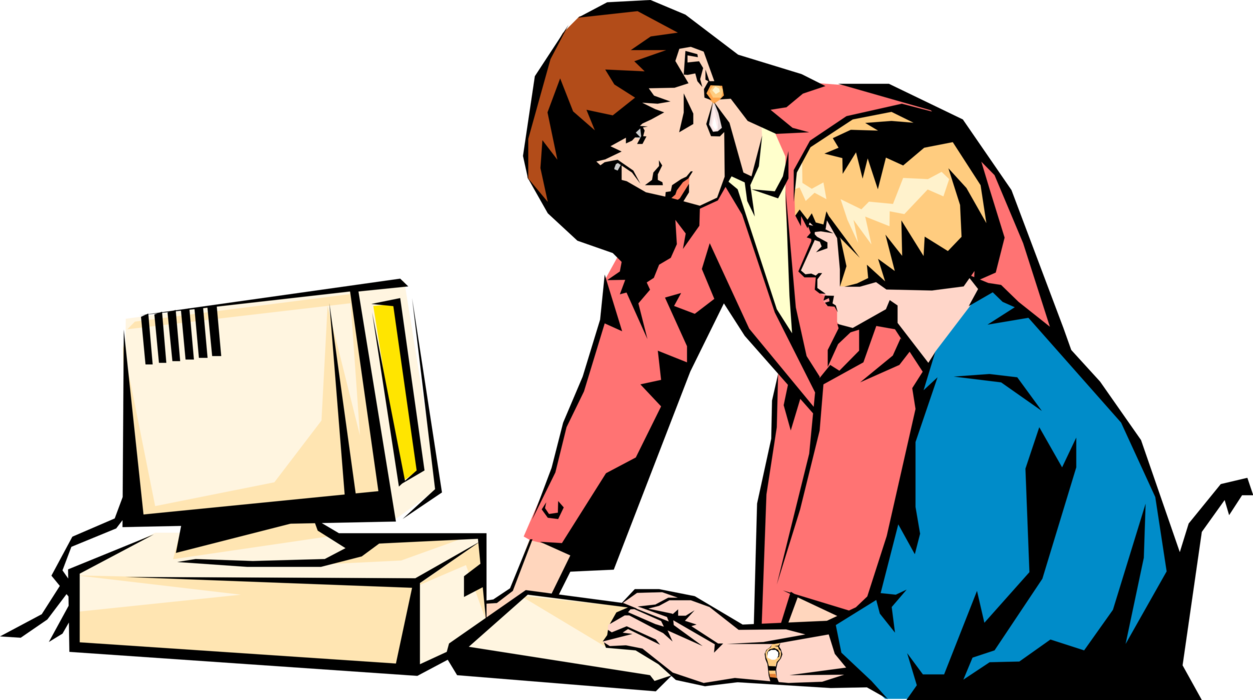 Vector Illustration of Two Colleagues Collaborate at Computer