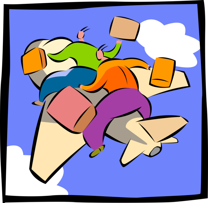 Vector Illustration of Air Travel Passengers with Luggage Ride Aboard Jet Airplane in Flight