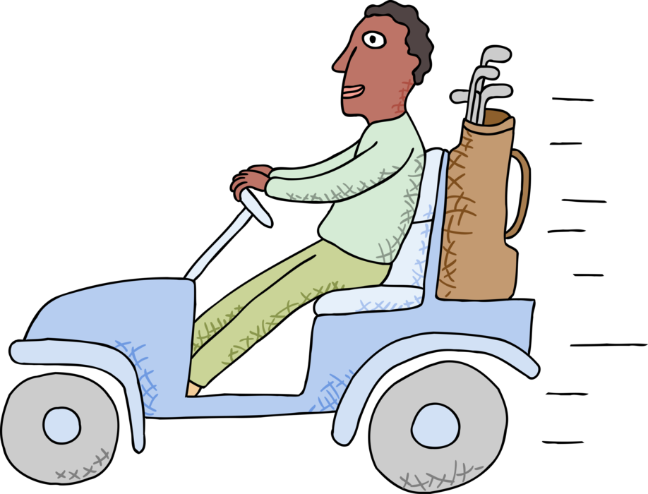 Vector Illustration of Electric Golf Cart with Golfer on Golf Course
