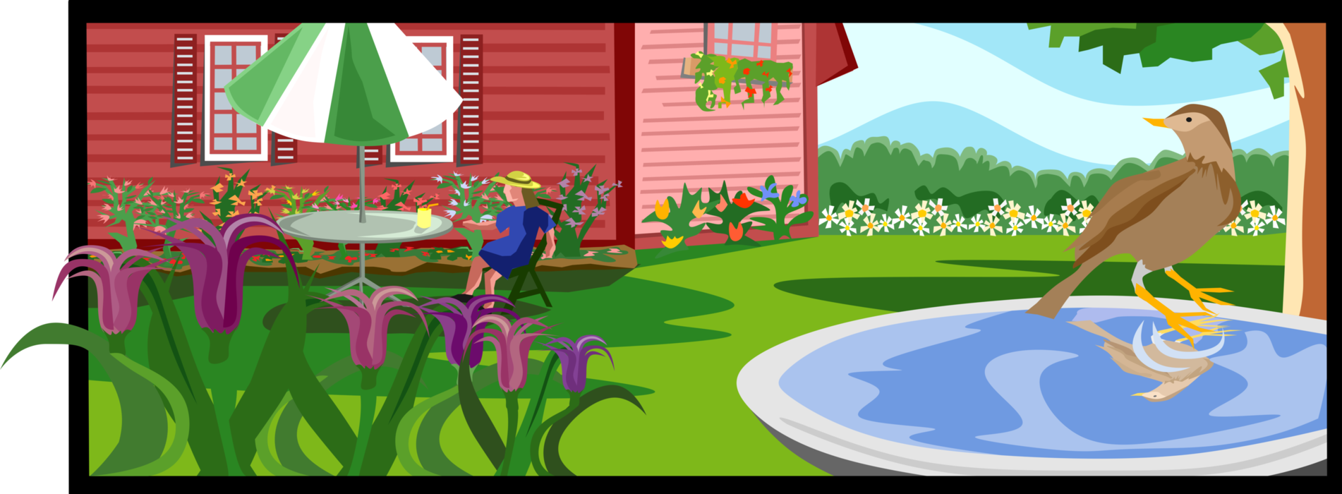 Vector Illustration of Bird Enjoys Backyard Bird Bath on Hot Summer Day Beside Flower Garden