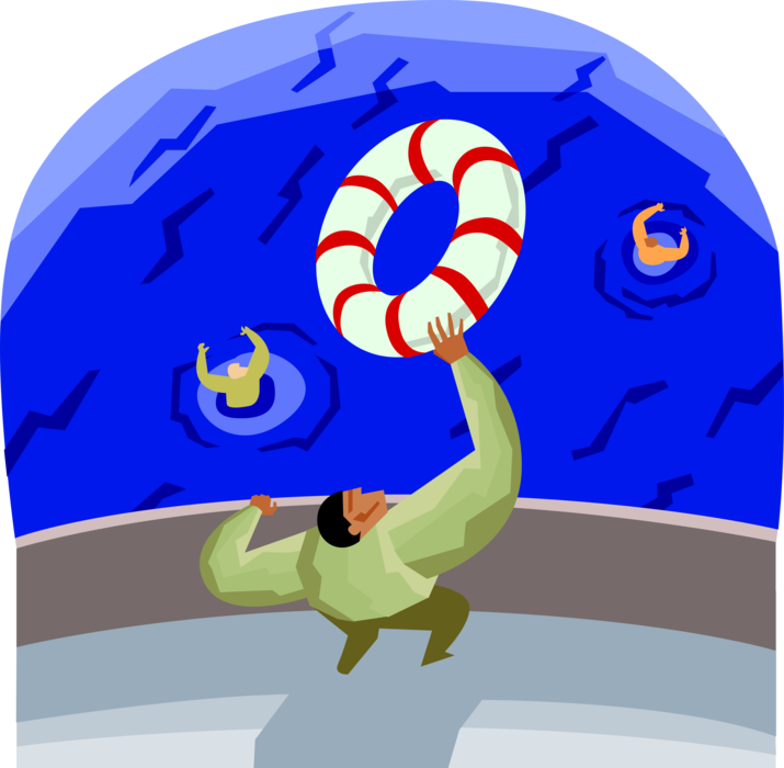 Vector Illustration of Businessman Throwing Life Preserver to Drowning Man