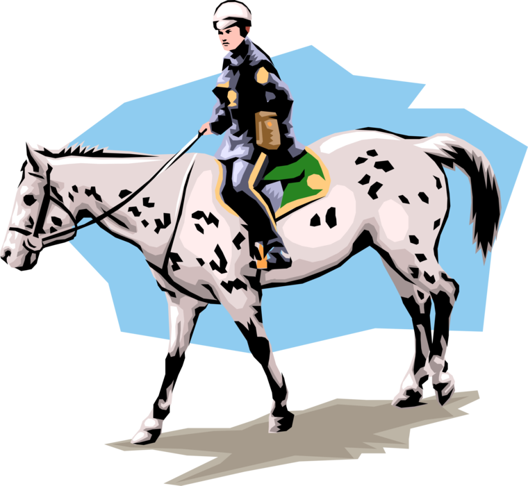 Vector Illustration of Mounted Policeman on Horseback Provides Law Enforcement Police Services in City