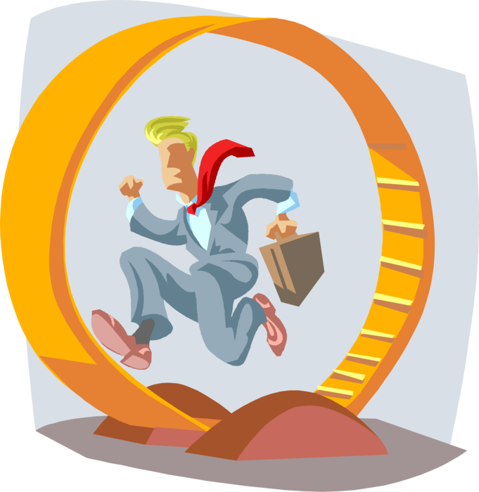 Vector Illustration of Businessman Feels Like He's Trapped on Treadmill Treadwheel