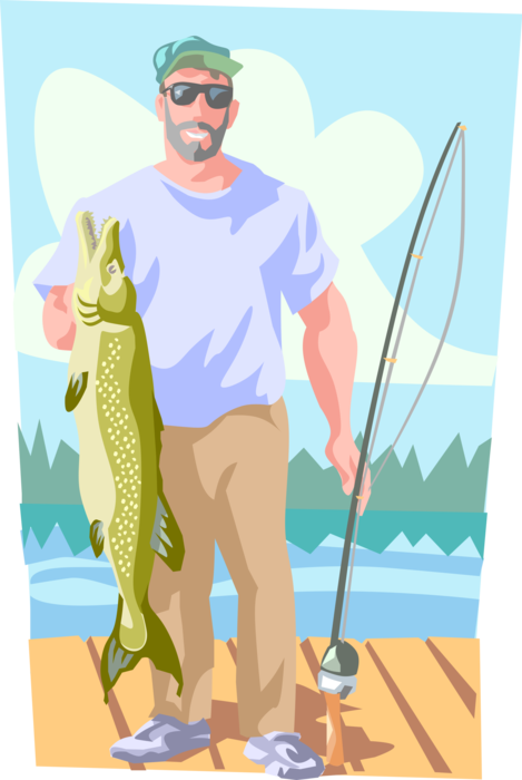 Vector Illustration of Fishermen Arrives at Dock with Large Pike Fish Catch