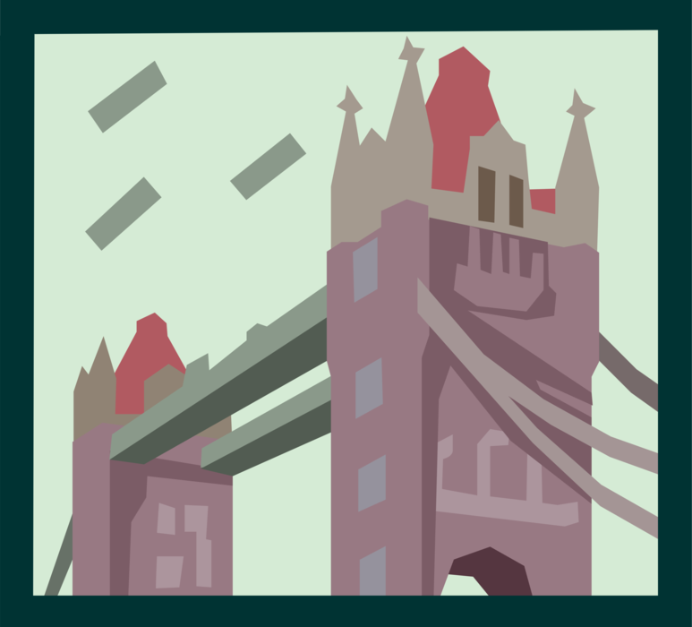 Vector Illustration of Tower Bridge Bascule and Suspension Bridge Crosses River Thames, London, England