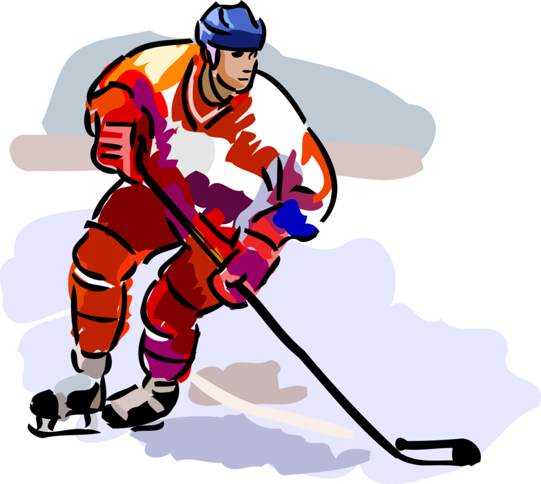Vector Illustration of Sport of Ice Hockey Player with Stick and Puck Races Down Ice
