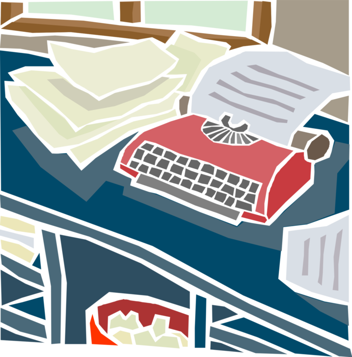 Vector Illustration of Office Desk with Paperwork and Typewriter