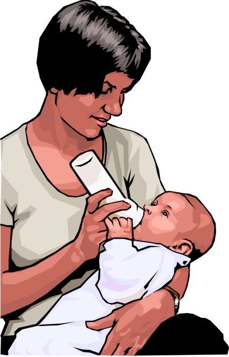 Vector Illustration of Mother Nursing Newborn Infant Baby with Bottle Feeding