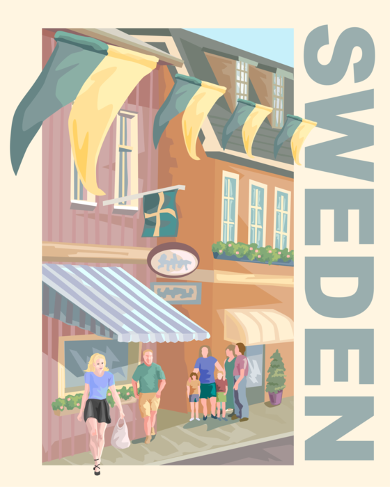 Vector Illustration of Sweden Postcard Design with Retail Shops in Stockholm