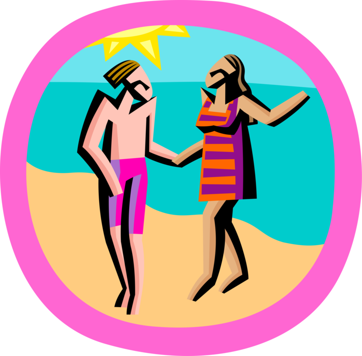 Vector Illustration of Young Couple Enjoy Summer Day at the Beach