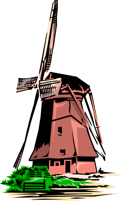 Vector Illustration of Dutch Windmill in The Netherlands, Holland used to Mill Grain, Pump Water