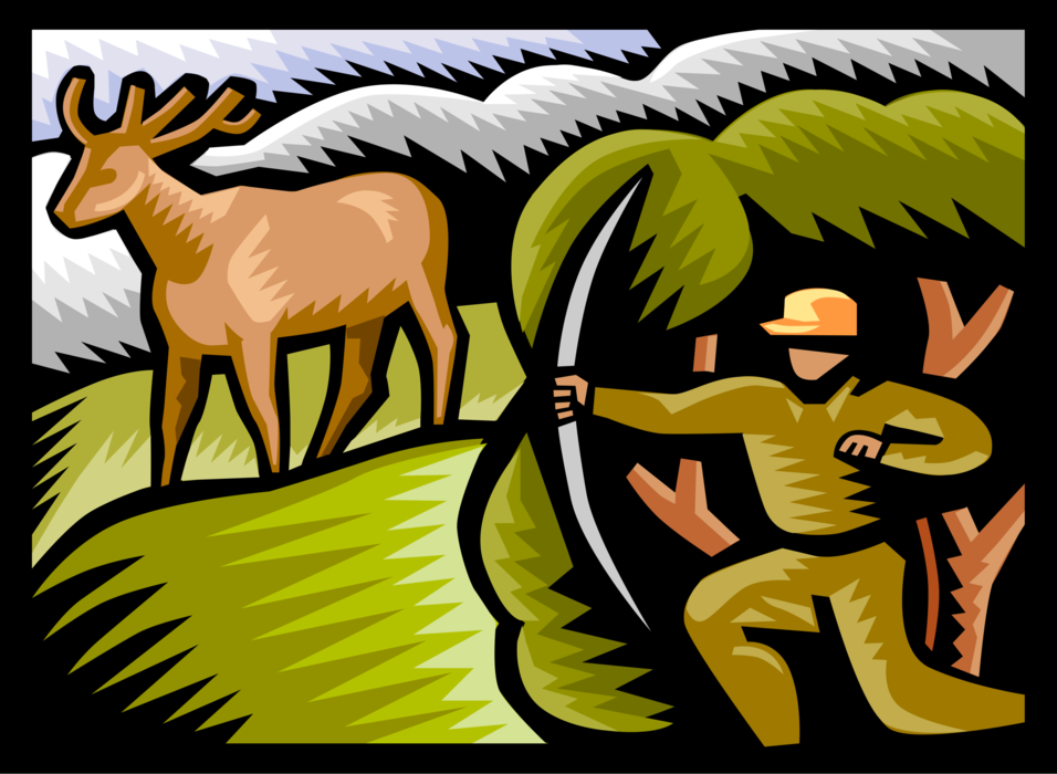 Vector Illustration of Hunter Bow Hunting for White-Tail Deer