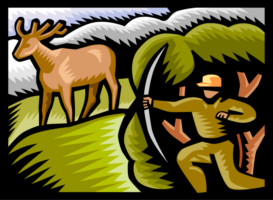 Vector Illustration of Hunter Bow Hunting for White-Tail Deer