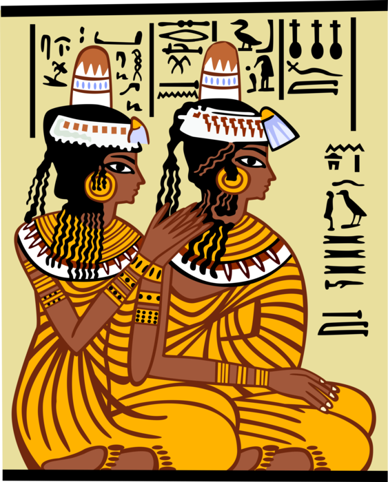 Vector Illustration of Tomb Painting Depicting Egyptian Women Seated Braiding Hair