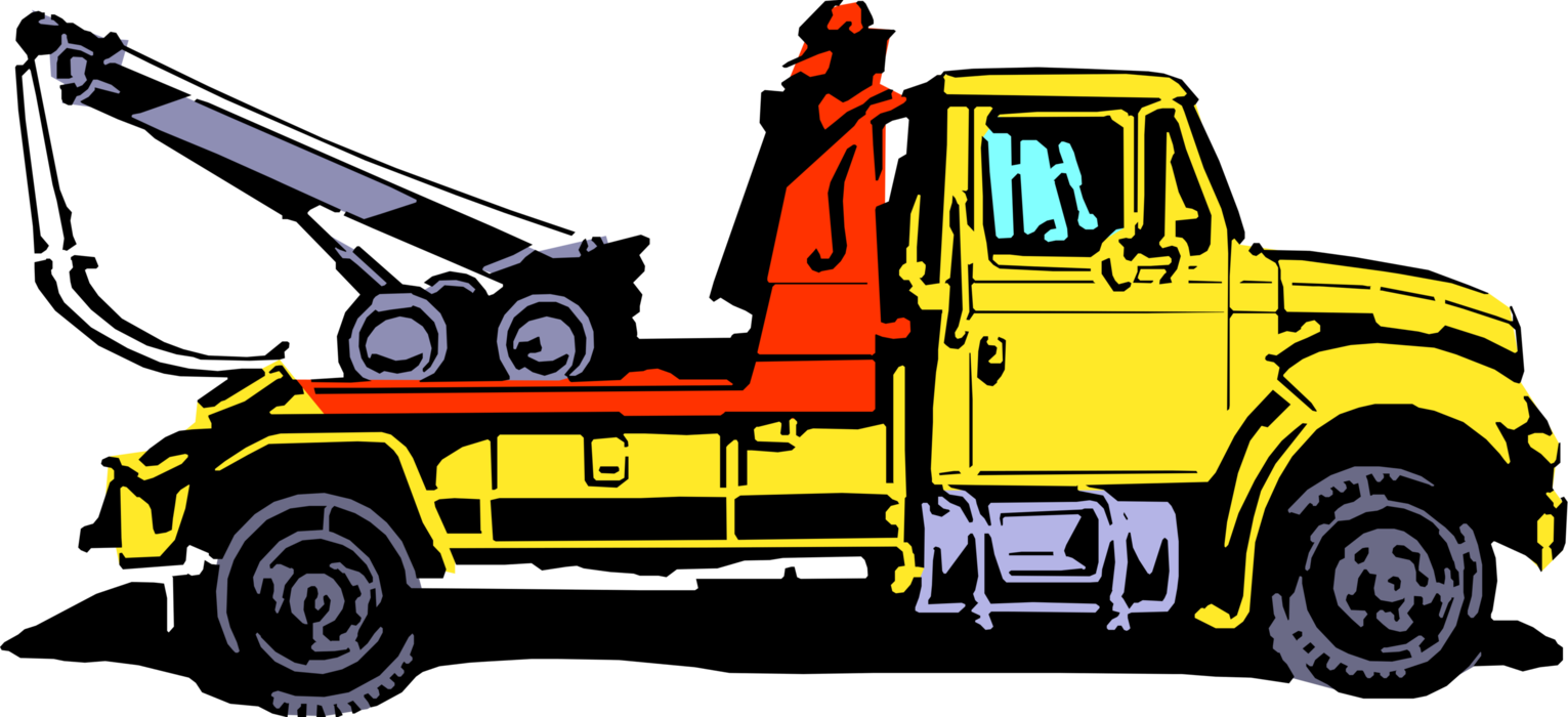 Vector Illustration of Tow Truck Wrecker Recovery Vehicle Moves Disabled or Indisposed Vehicles