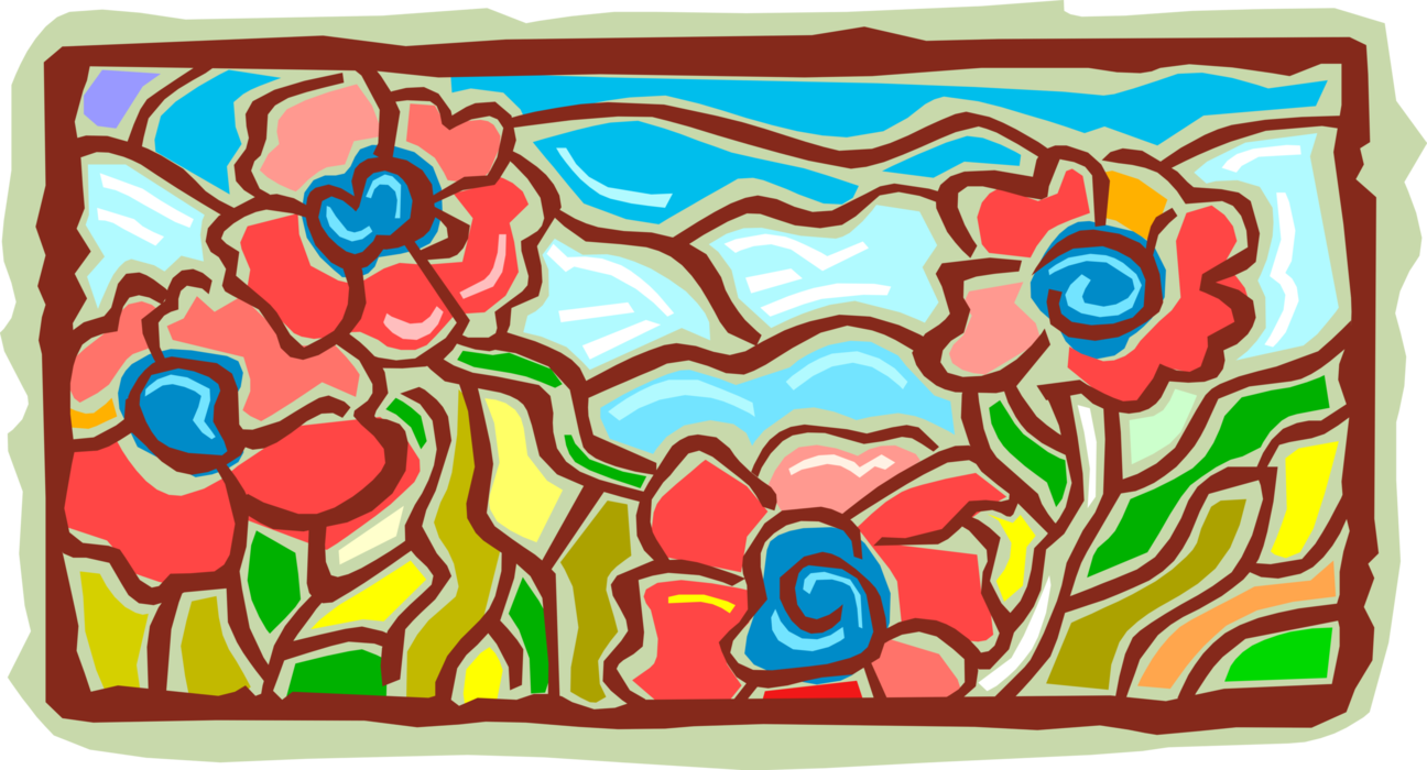 Vector Illustration of Stained Glass Summer Garden with Flowers