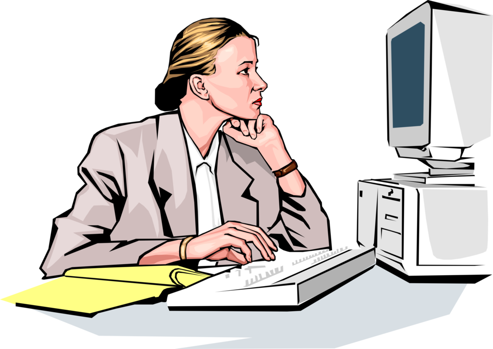 Vector Illustration of Businesswoman at Work Browsing Online Information