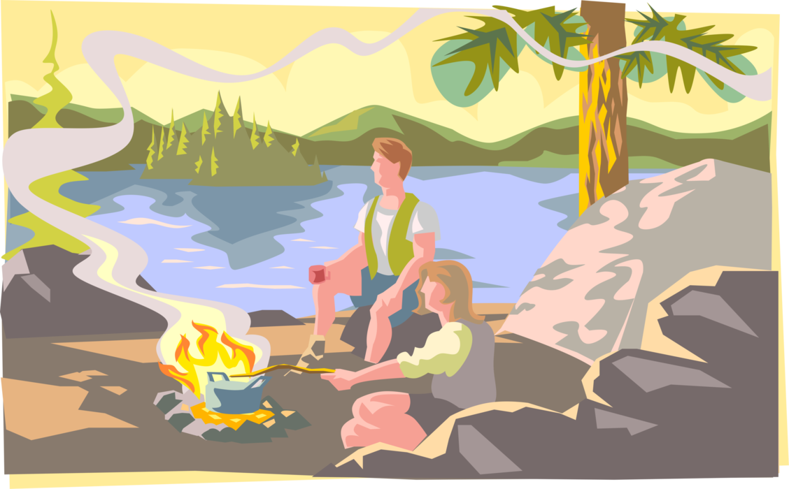 Vector Illustration of Outdoor Recreational Activity Campers Enjoy Great Outdoors Sitting by Campfire Cooking Meal