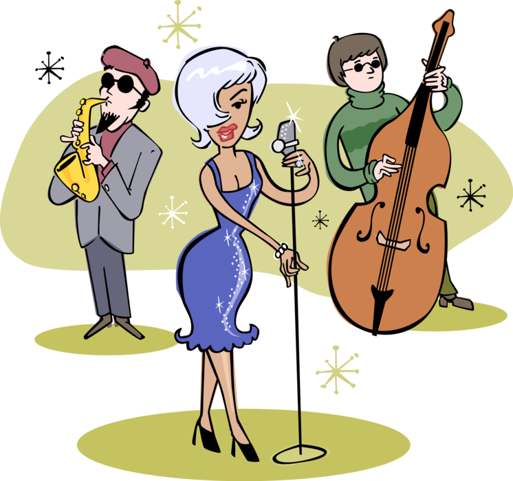 Vector Illustration of Lounge Act Cocktail Singer with Microphone and Jazz Saxophone and Stand Up Bass