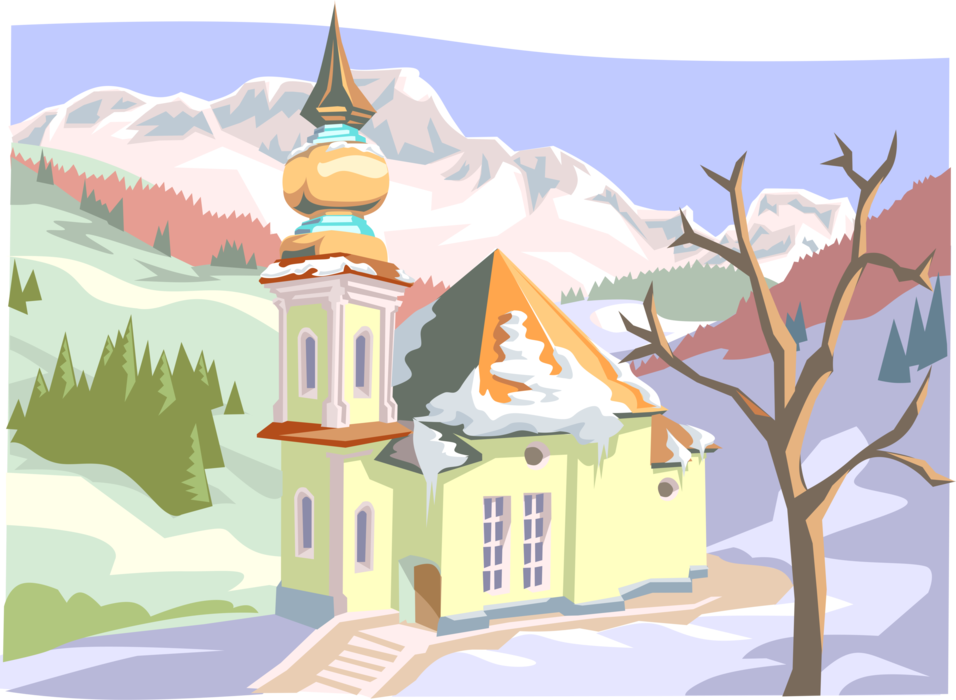 Vector Illustration of European Mountain Church with Snow in Winter