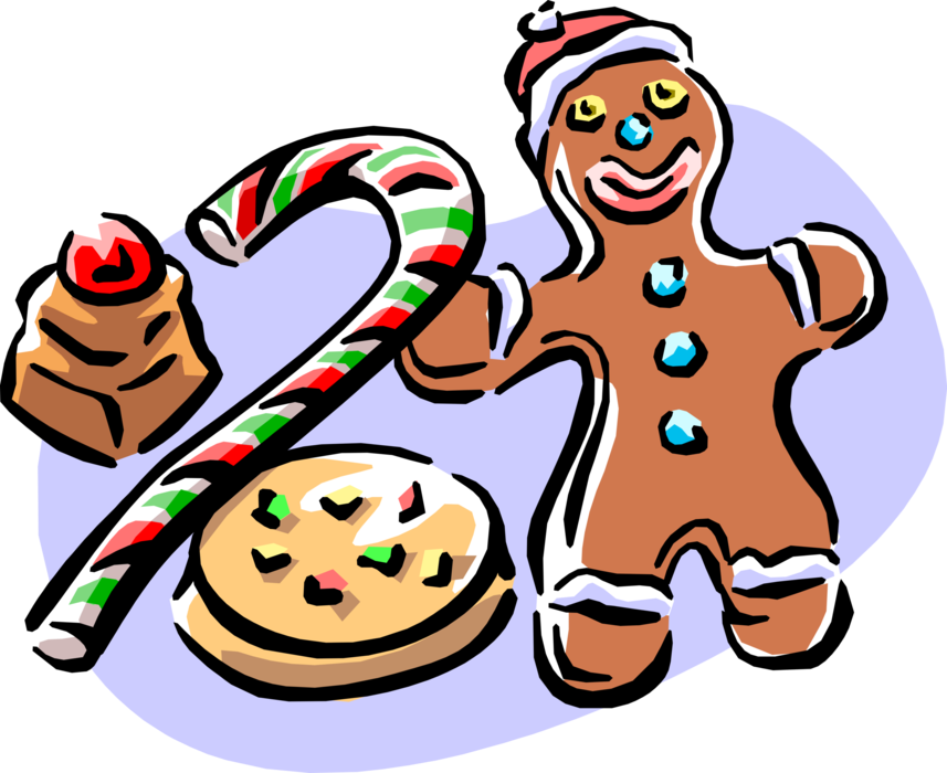 Vector Illustration of Holiday Festive Season Christmas Gingerbread Man Cookie with Candy Cane and Baked Goodies 