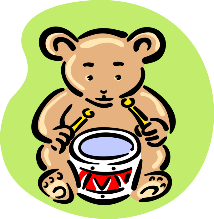 Vector Illustration of Teddy Bear Stuffed Animal Toy Playing Drum