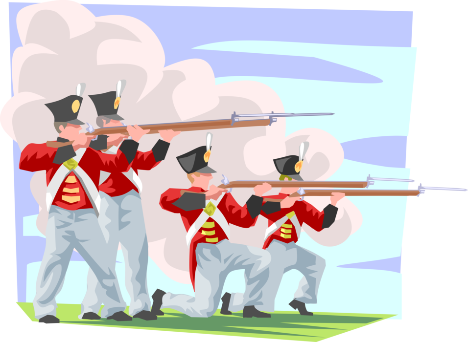 Vector Illustration of British Soldiers Perform Historical Re-enactment Shooting Guns