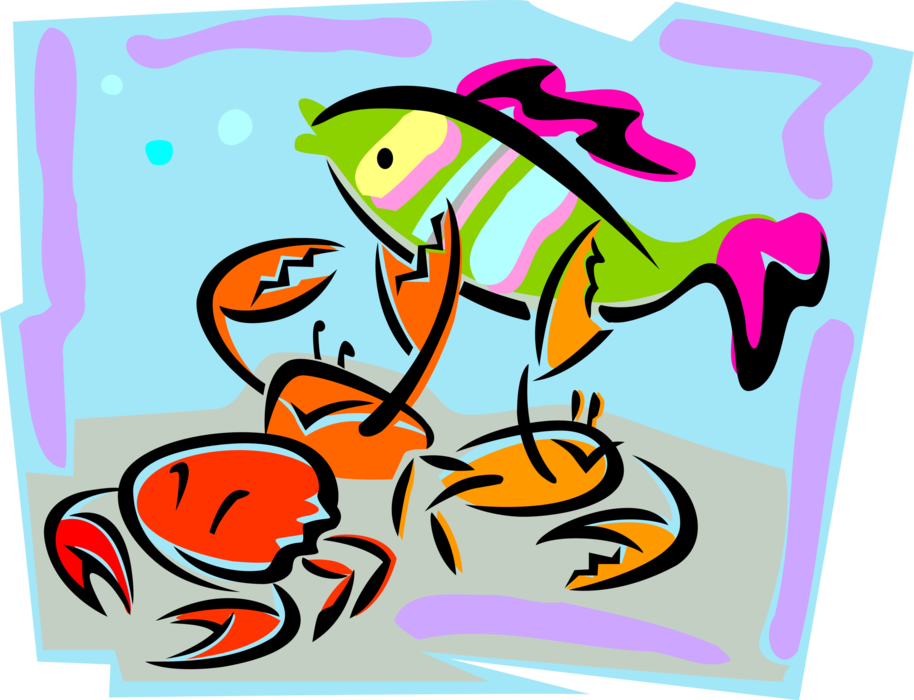 Vector Illustration of Aquatic Marine Fish and Decapod Crustacean Crabs