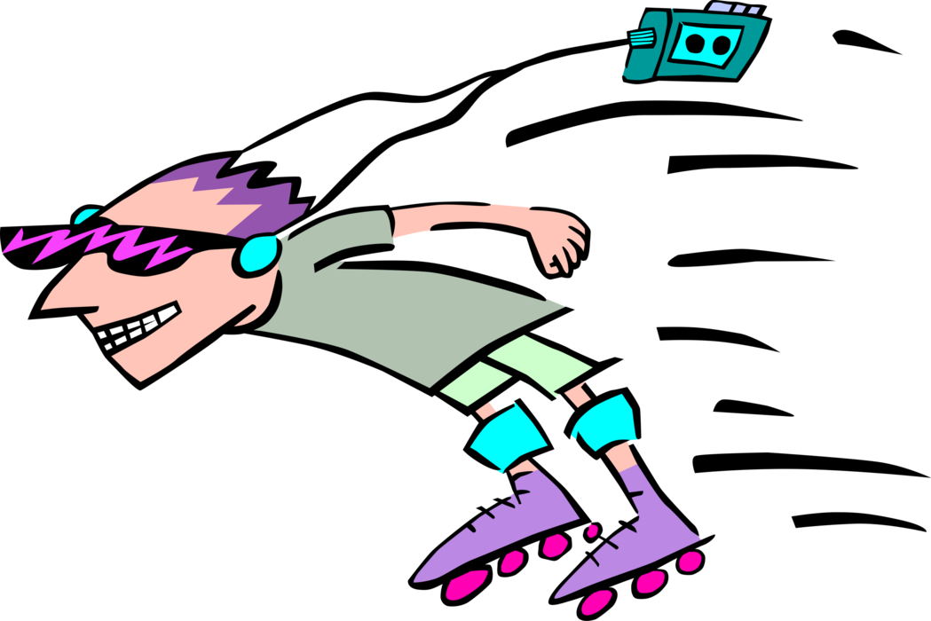 Vector Illustration of Rollerbladers Rollerblading on Inline Skates with Music and Headphones