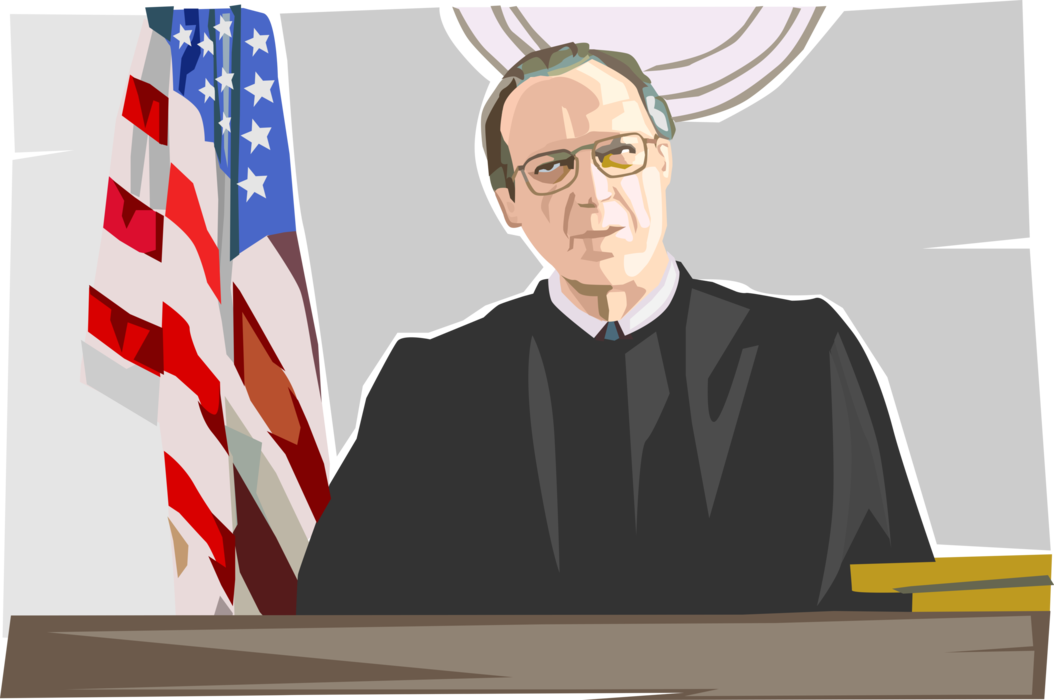 Vector Illustration of Judicial Judge at Bench in Court with American Flag