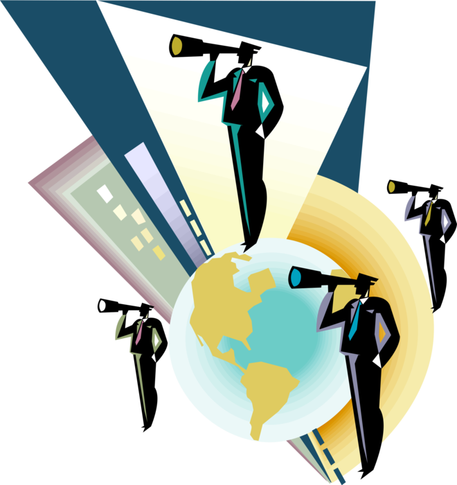 Vector Illustration of Business Colleagues with Telescopes and Planet Earth Globe