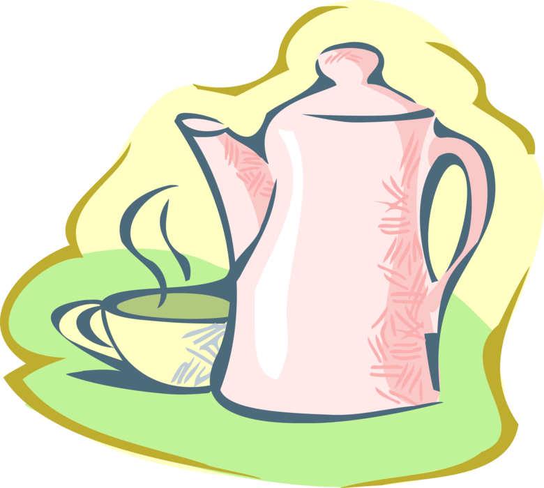Vector Illustration of Coffee Time Coffee Pot Pouring Freshly Brewed Cup of Coffee