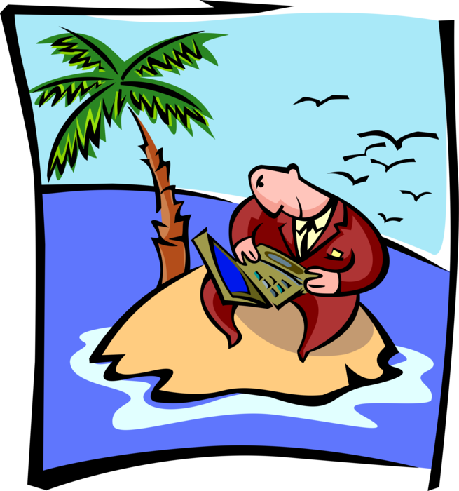 Vector Illustration of Businessman on Deserted Island with Palm Tree and Notebook Computer