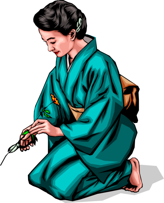Vector Illustration of Japanese Geisha in Kimono with Flower