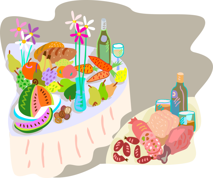 Vector Illustration of Party Food and Dining Table with Lavish Feast Spread