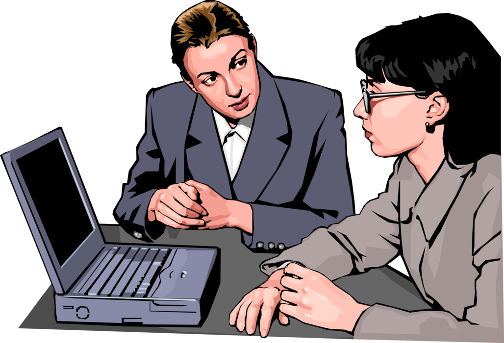 Vector Illustration of Women in the Workplace Have Meeting with Notebook Computer