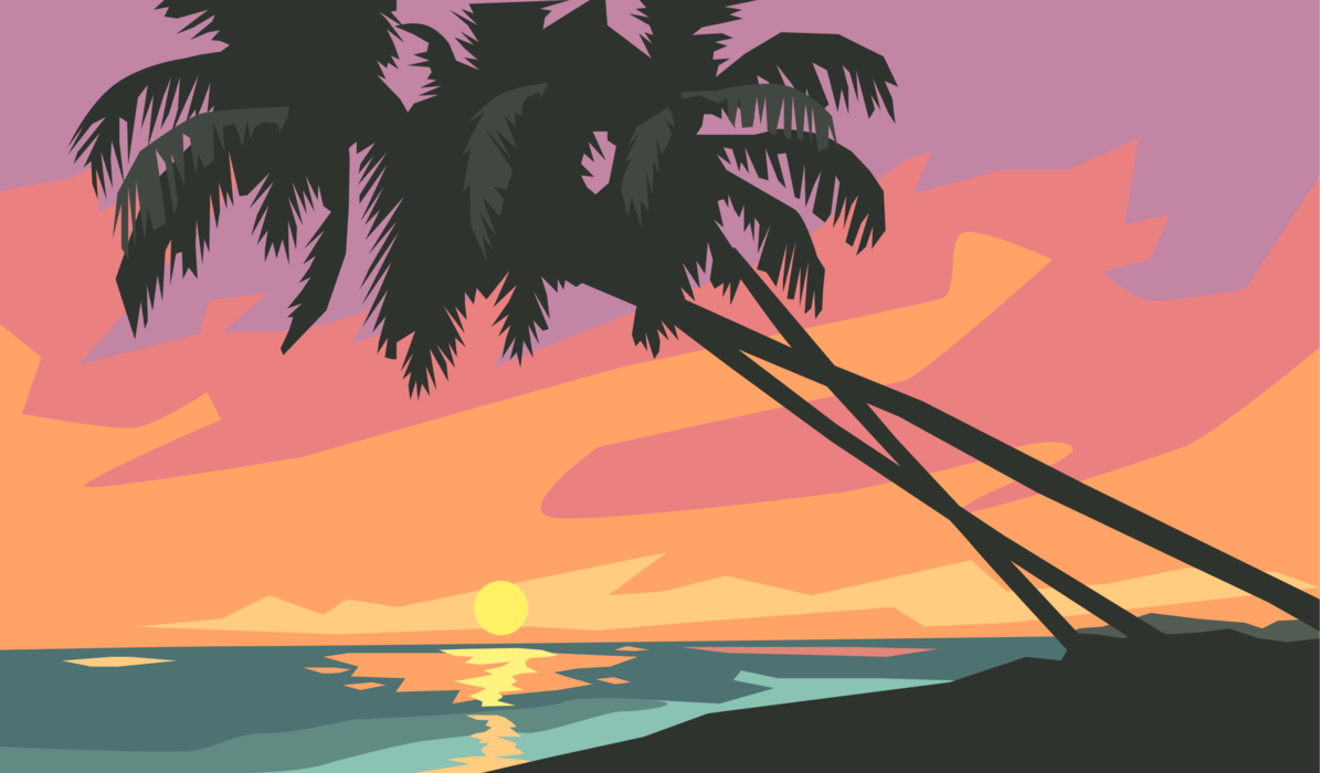 Vector Illustration of Tropical Island Sunset with Palm Tree