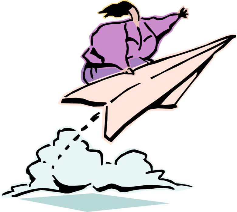 Vector Illustration of Businesswoman Rides Toy Paper Airplane Aloft