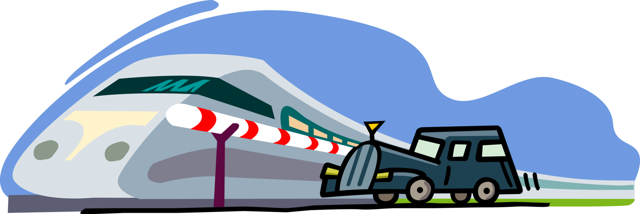 Vector Illustration of Car Stops at Level Crossing with Railroad Rail Transport Speeding Locomotive Railway Train