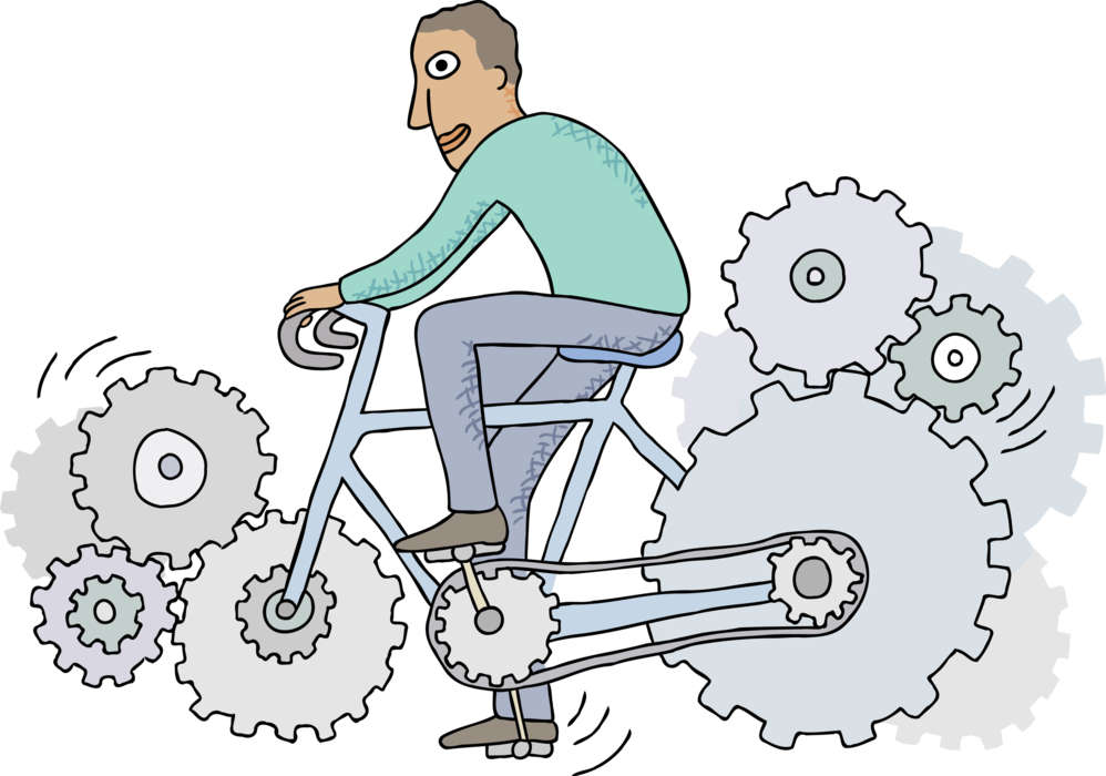 Vector Illustration of Man on Bicycle Made of Cogwheels and Gears