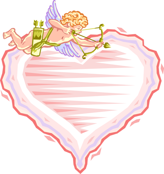 Vector Illustration of Cupid Shoots Bow and Arrow Above Valentine Heart