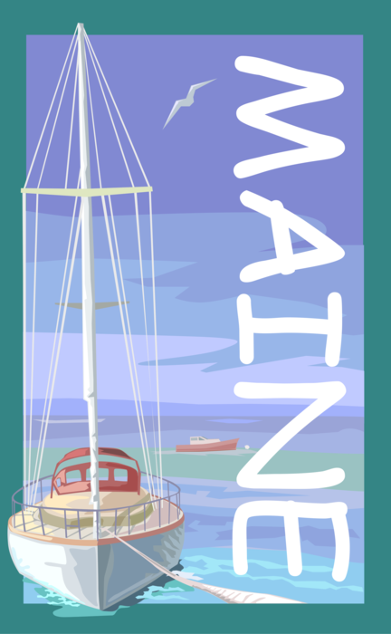 Vector Illustration of Maine Postcard Design Seashore with Sailboat