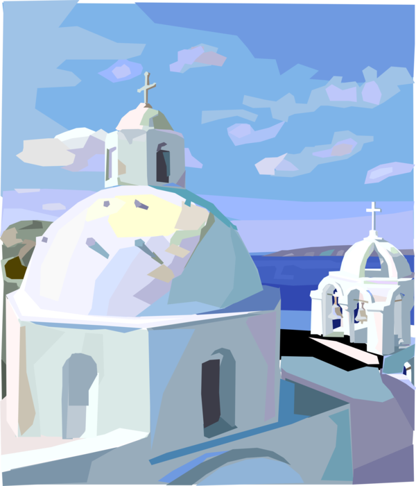 Vector Illustration of Greek Tourism in Cyclades Island of Santorini in Aegean Sea Orthodox Church