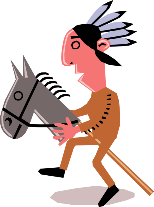 Vector Illustration of Native American Indian Man on Horse, Settles for Child's Toy Hobby Horse