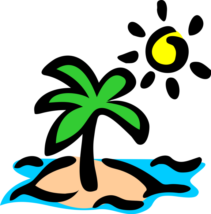 Vector Illustration of Deserted Island with Sand, Sun and Palm Tree