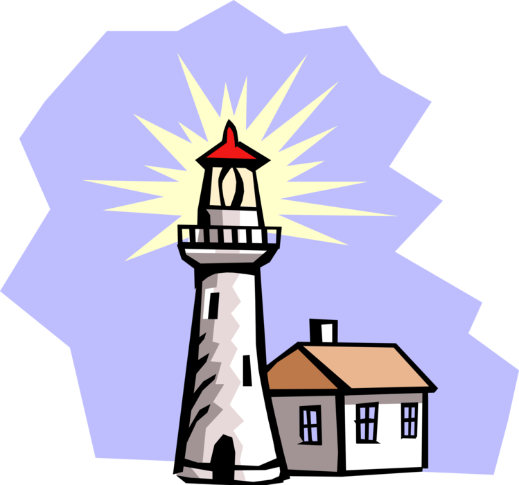 Vector Illustration of Lighthouse Beacon Emits Light as Navigational Aid for Maritime Vessels