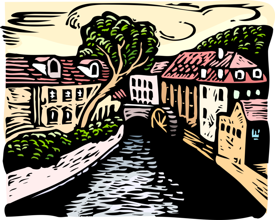 Vector Illustration of European Canal with Buildings and Mill