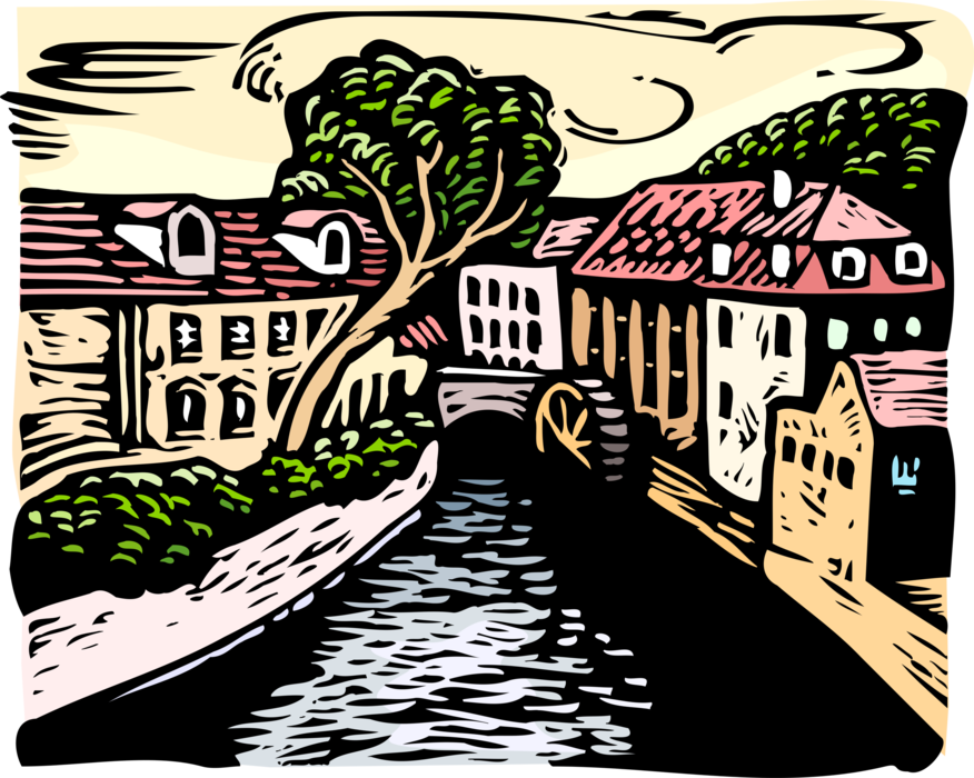 Vector Illustration of European Canal with Buildings and Mill