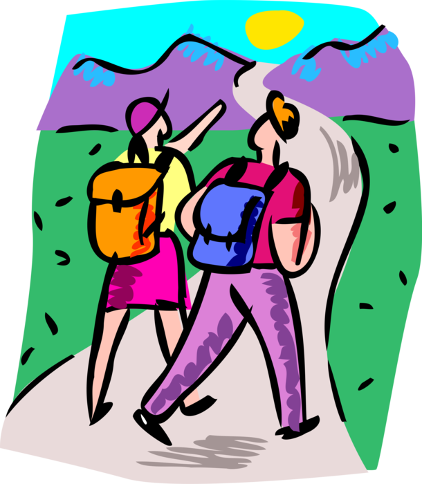 Vector Illustration of Couple Hiking in Summer with Backpacks