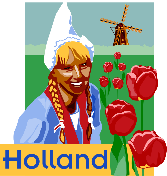 Vector Illustration of Holland Postcard Design with Dutch Tulip Bulbous Plants and Netherlands Windmill